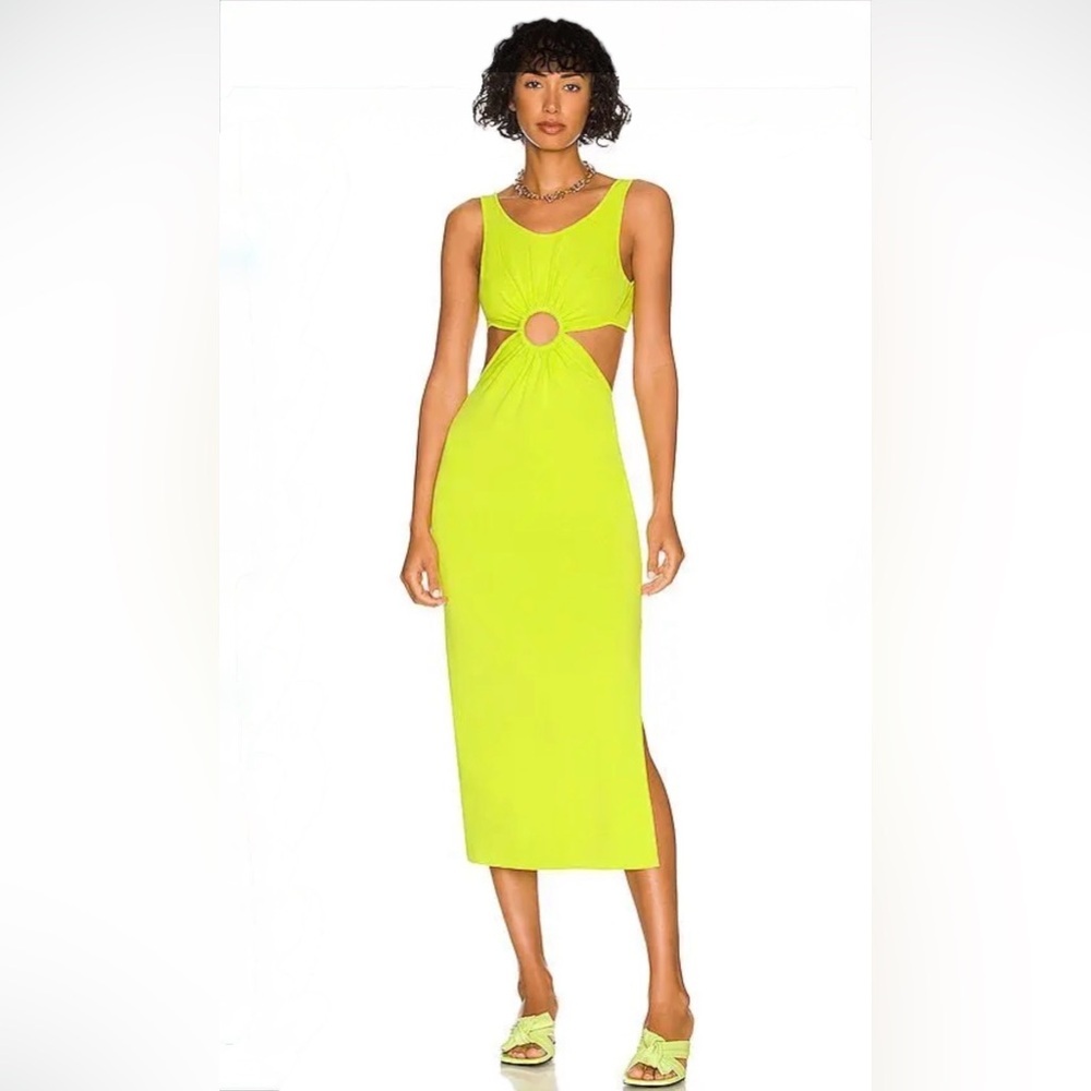 Solid & Striped Bailey Cutout Midi Dress Green Neon Ruched Ring Knit Size S NWT